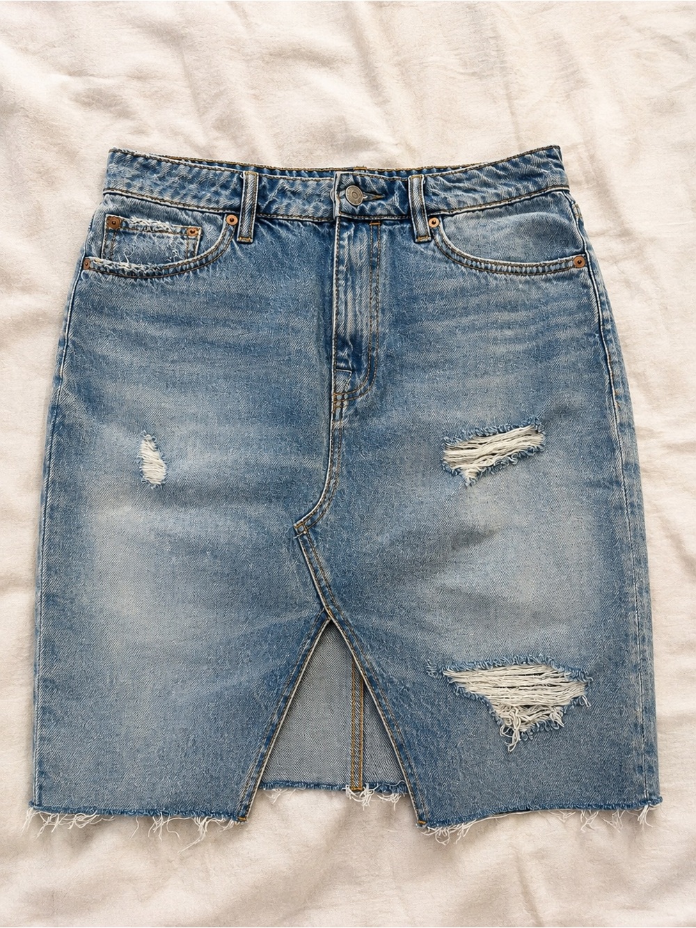 All Saints Distressed Light Blue Denim Midi Skirt with Front Slit